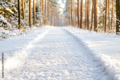 Snowy Path in Winter Forest with Sunlight and Pine Trees