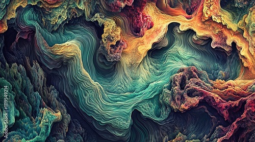 Abstract colorful swirls and textures resembling a landscape or geological formation. photo