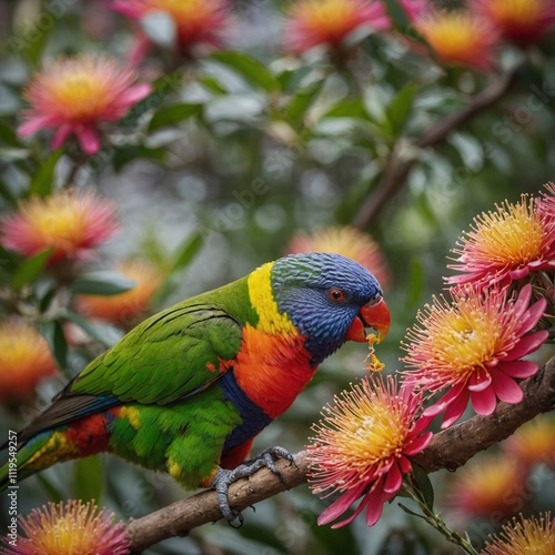 A rainbow lorikeet feeding on nectar from bright blossoms.