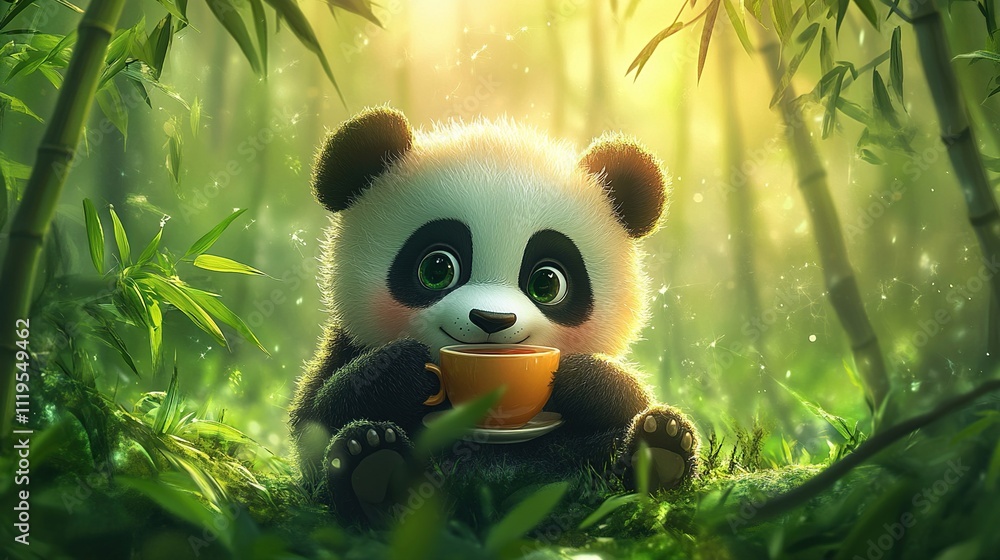 Adorable Panda Enjoying Tea in a Bamboo Forest Adorable Panda Enjoying Tea in a Bamboo Forest