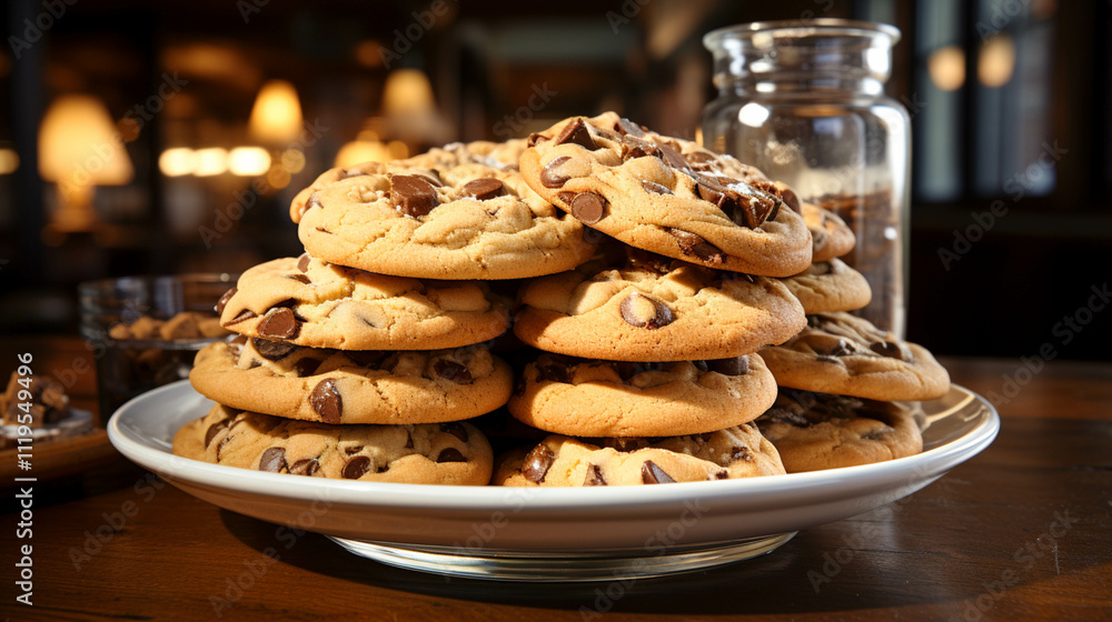 Chocolate chip cookies snacks food in a plate on table Chocolate chip cookies snacks food in a plate on table