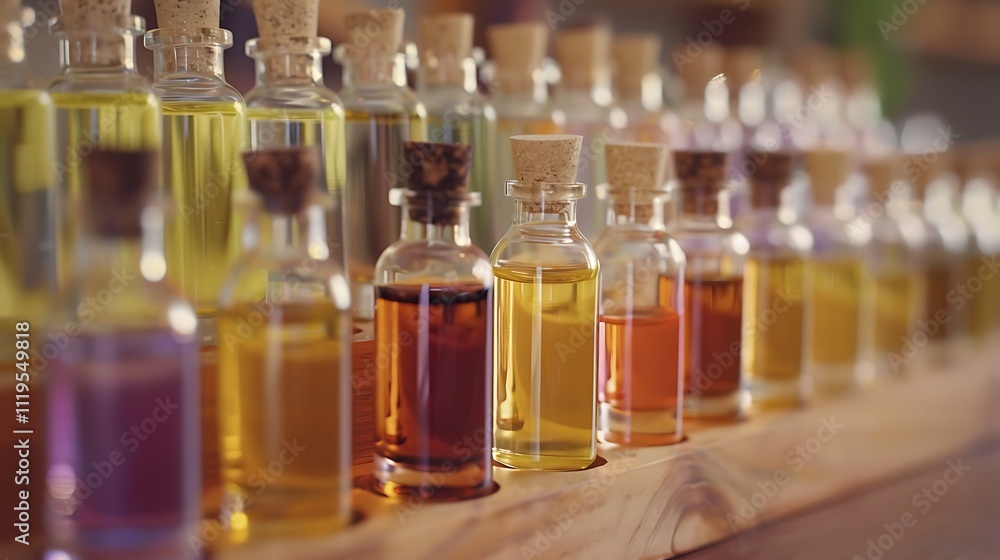 Various vibrant medicinal oils and fluid fragrance vials in a studio setting Various vibrant medicinal oils and fluid fragrance vials in a studio setting