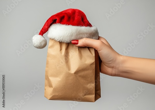 Hand Holding Brown Paper Bag with Festive Santa Hat. photo