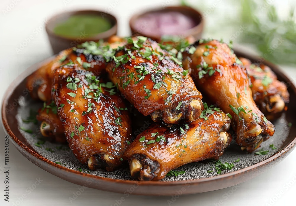 Soy-Glazed Chicken Wings on a Plate Isolated Against White Background Soy-Glazed Chicken Wings on a Plate Isolated Against White Background