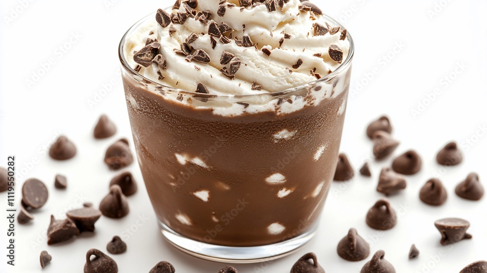 Iced chocolate drink with whipped cream and chocolate chips. Iced chocolate drink with whipped cream and chocolate chips.
