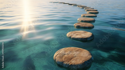 path of stones on the surface of crystal water, sunlight in the distance photo