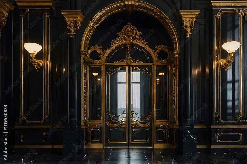 Gold and Black Baroque Style Palace Portal, Luxurious Design, Generative AI Gold and Black Baroque Style Palace Portal, Luxurious Design, Generative AI