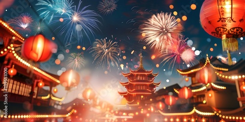Vibrant Chinese New Year celebration in Chinatown featuring lanterns fireworks and joyful people Concept Chinese New Year Celebrations Lantern Festival Fireworks Display Joyful People Chinatown