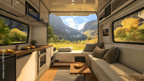 Wallpaper Mural Explore the freedom of van life with a cozy, modern interior featuring a spacious layout, kitchen, and living room, offering comfort and scenic mountain views for a sustainable, nomadic adventure. Torontodigital.ca