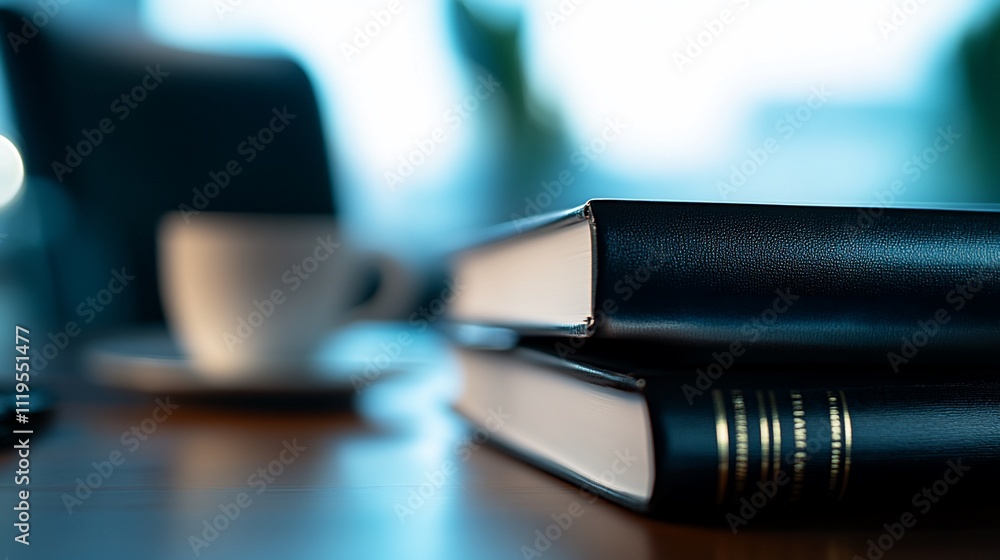 A close-up of stacked binders and a coffee cup on a table. A close-up of stacked binders and a coffee cup on a table.
