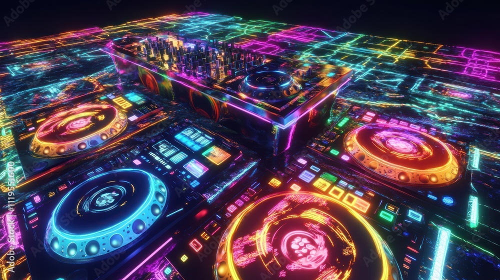 A vibrant, neon-lit DJ setup showcasing turntables and a mixer for electronic music performances. A vibrant, neon-lit DJ setup showcasing turntables and a mixer for electronic music performances.