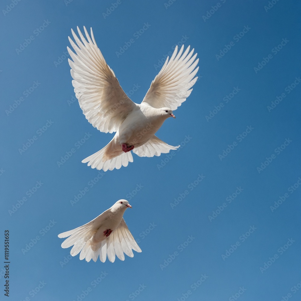 Obraz premium A white dove symbolizing peace, flying in a clear blue sky.