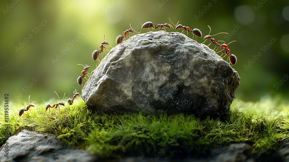 Obraz premium Ants cooperatively moving a rock in nature.