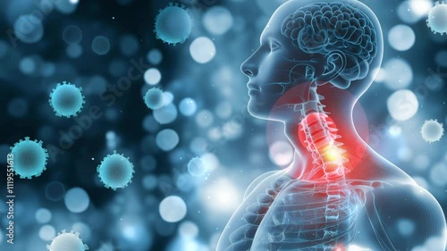 Medical 3d illustration depicting viruses attacking the human throat, resulting in pain, inflammation, symptoms associated with infection and disease, thyroid cancer awareness, hormonal imbalances