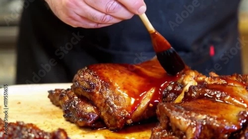 Medium Shot of Line Cook Glazing Meats with Brush at Barbecue Station photo