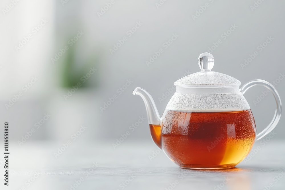 Transparent Glass Teapot with Freshly Brewed Tea on Minimalist Light Background Transparent Glass Teapot with Freshly Brewed Tea on Minimalist Light Background