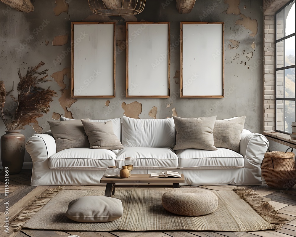 Fototapeta premium living room interior A Scandinavian living room with textured light beige walls and a tall black-framed arched window. The decor includes a cream sofa, a dark wood