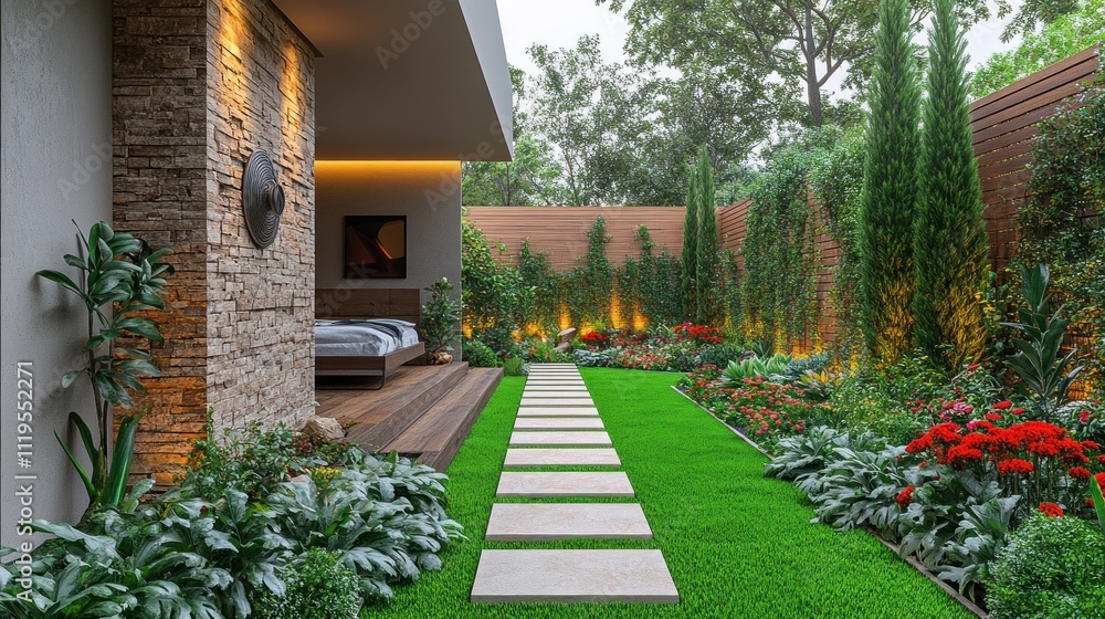 Obraz premium Serene backyard oasis with stone path, lush garden, and bedroom access.