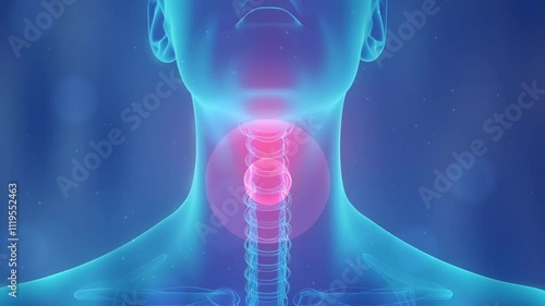 Human throat and thyroid highlighted in red. Relevant throat pain and inflammation, thyroid cancer awareness, hormonal imbalances, and endocrine diseases