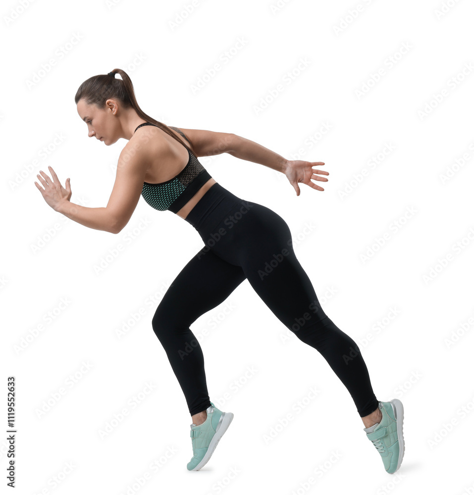 Beautiful woman in sportswear running on white background Beautiful woman in sportswear running on white background