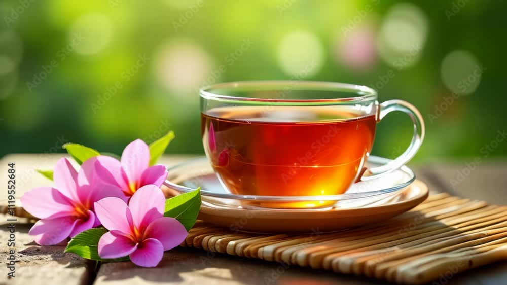 Cup of chamomile tea on green garden background. Steam animation Cup of chamomile tea on green garden background. Steam animation
