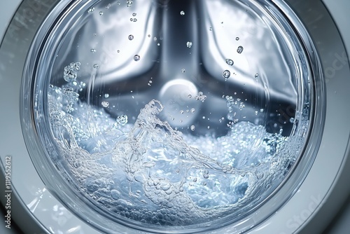 Capturing the vibrant energy of laundry: water splashing and bubbles inside a washing machine drum during the washing cycle