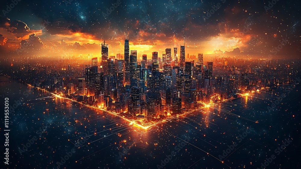 Futuristic Cityscape at Night with Glowing Smart Grid Power Distribution Futuristic Cityscape at Night with Glowing Smart Grid Power Distribution