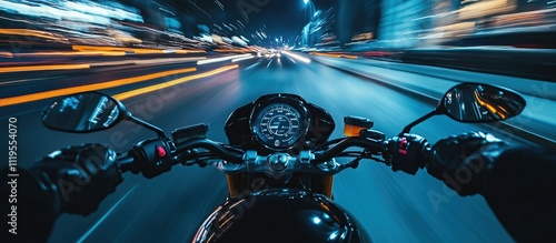 Nighttime motorcycle ride on city street, first-person view.