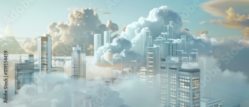 A futuristic cityscape floats among fluffy clouds, blending modern architecture with dreamlike whimsy in a breathtaking, sky-high vision.