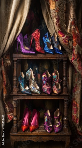A display of colorful high-heeled shoes arranged on a wooden shelf with rich drapery.