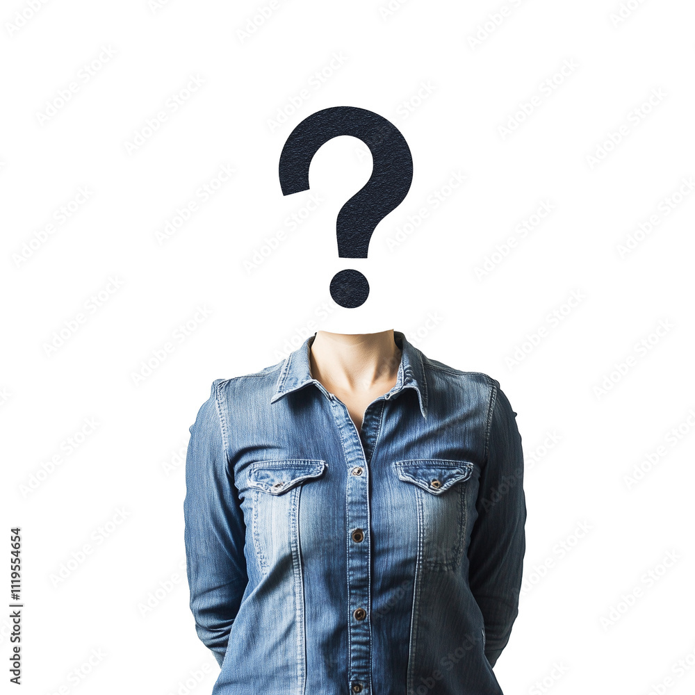 Mystery Woman with Denim Shirt and Question Mark Face Symbol Mystery Woman with Denim Shirt and Question Mark Face Symbol