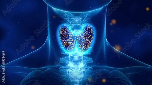 Human thyroid gland in 3D medical illustration. Relevant to thyroid health issues, such as thyroid cancer awareness, hormonal imbalances, and endocrine disorders
