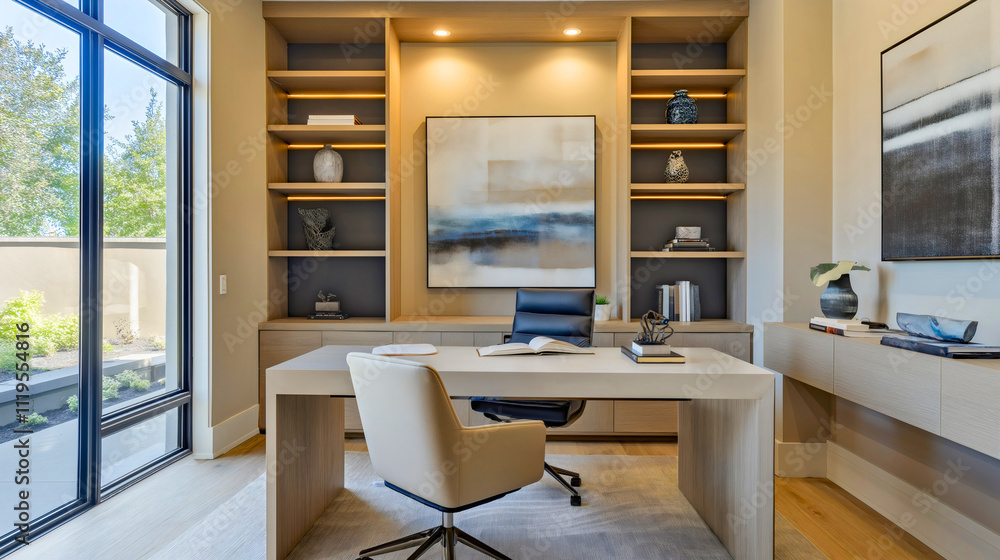 Modern home office with sleek furniture, ergonomic chair, clean lines, and natural light, creating a cozy, productive, and stylish workspace with contemporary decor. Modern home office with sleek furniture, ergonomic chair, clean lines, and natural light, creating a cozy, productive, and stylish workspace with contemporary decor.