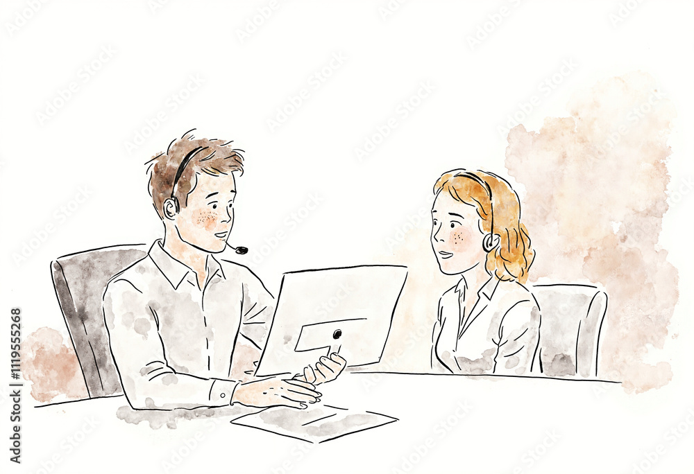 Professional customer service interaction between a man and a woman in a watercolor style copy space Professional customer service interaction between a man and a woman in a watercolor style copy space