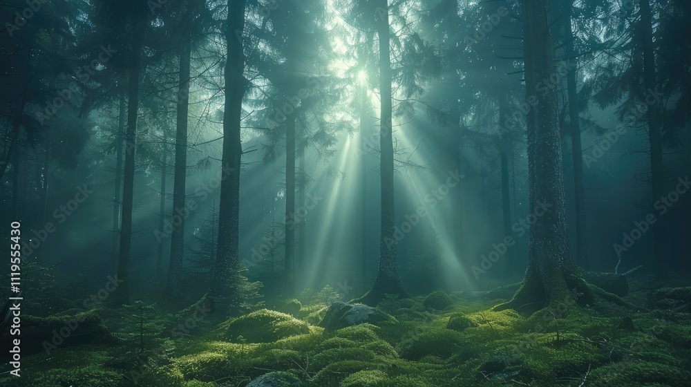 Fototapeta premium A mystical forest at dawn, tall pine trees shrouded in fog, soft diffused light, sun rays breaking through the trees, lush mossy ground, calm and mysterious atmosphere.