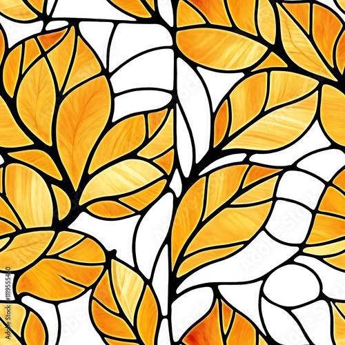 Autumn Leaves Stained Glass Pattern:  A vibrant, intricate pattern of autumn leaves in stained glass style, rendered in warm hues of orange and yellow.