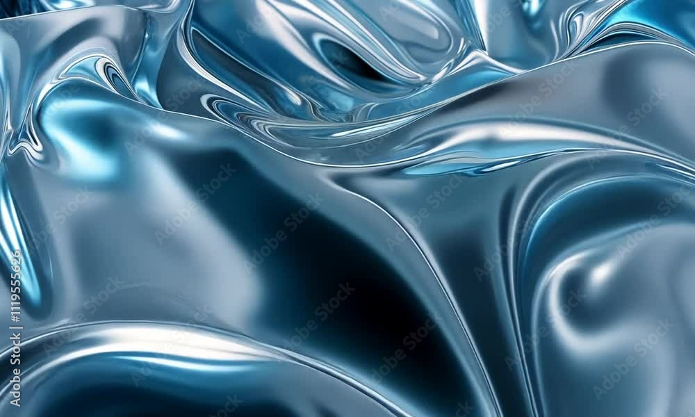 Abstract blue liquid texture with flowing, glossy, metallic surface