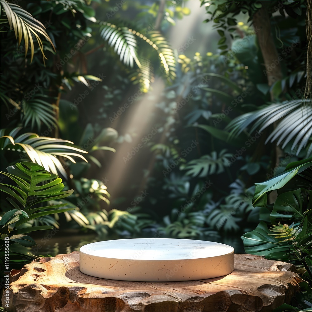 Obraz premium White round podium or pedestal in a tropical cocoa forest background for product presentation. Mockup template with natural light, tropical leaves, and trees on the sides.