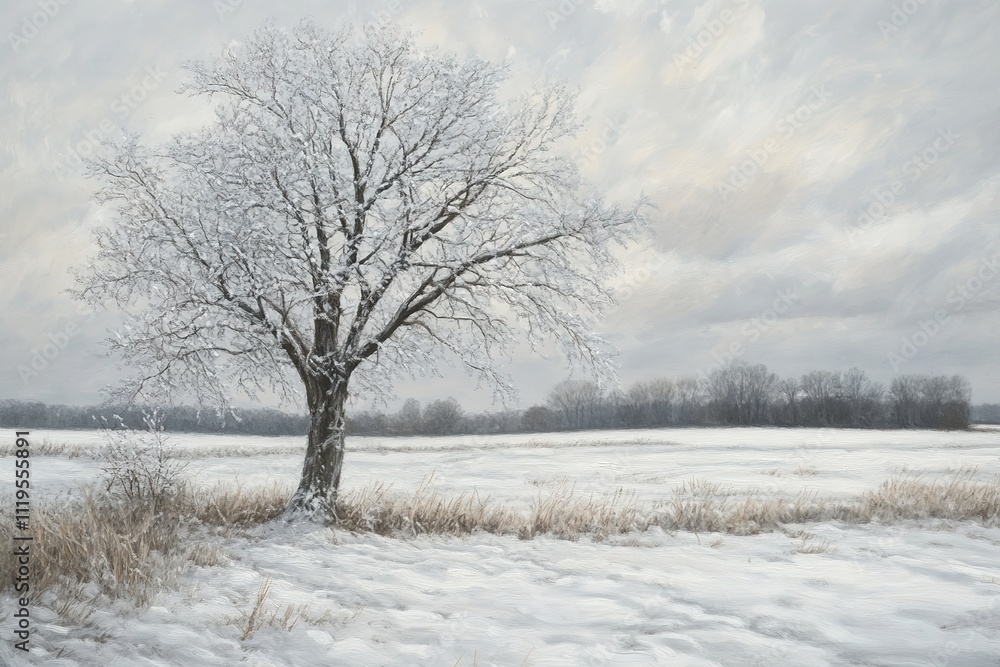 Winter Landscape Solitary Snow Covered Tree Field Winter Landscape Solitary Snow Covered Tree Field