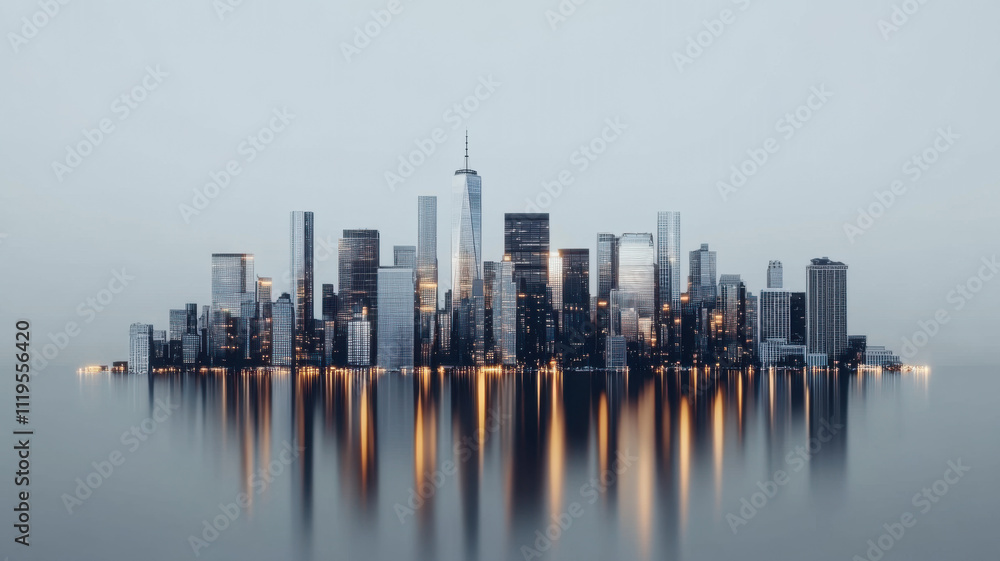 Fototapeta premium The New York City skyline at night, featuring lit-up skyscrapers, set against a blank white background, representing a concept of urban landscape and architectural design.