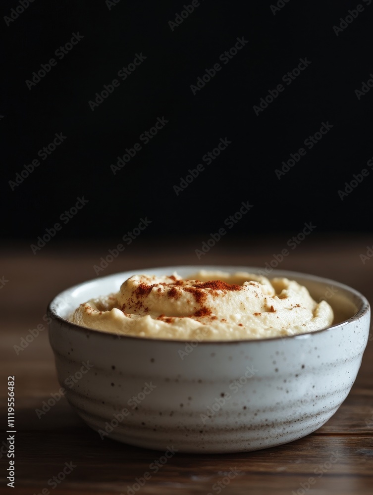 A bowl of hummus topped with paprika, resting on a wooden surface against a dark background. A bowl of hummus topped with paprika, resting on a wooden surface against a dark background.