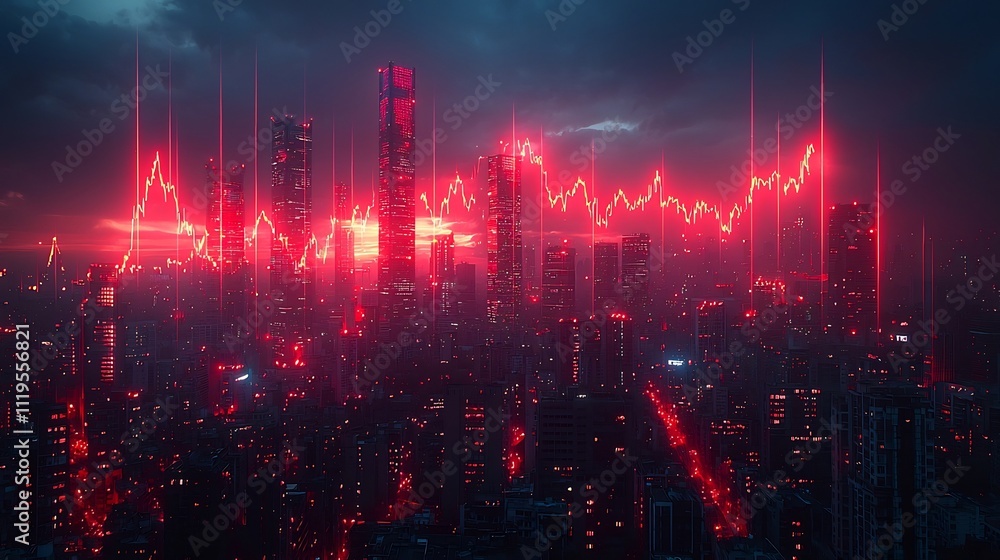Obraz premium Towering Skyscrapers with Plummeting Red Economic Graphs Symbolizing Financial Crisis