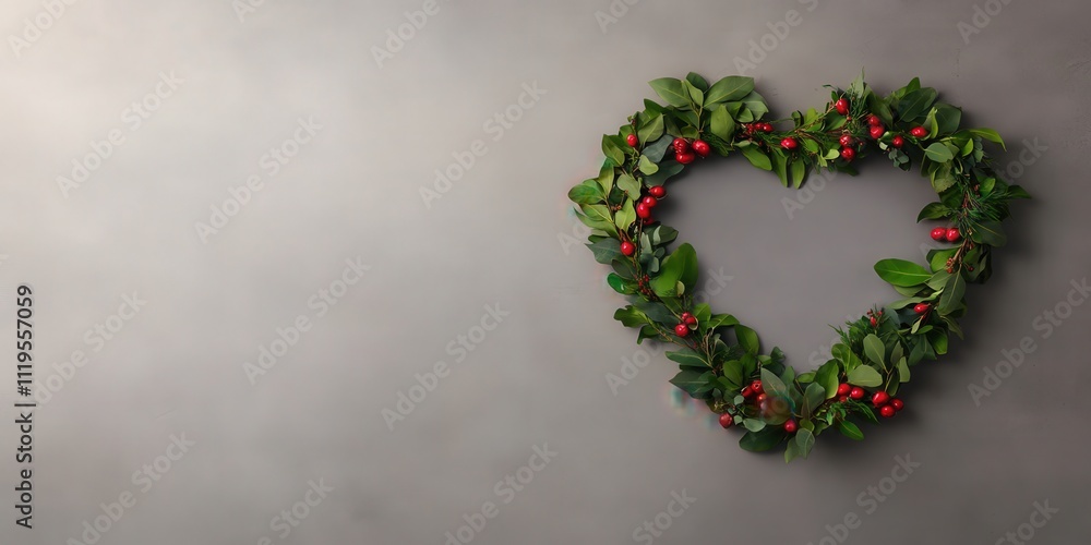 Artistic Flat Lay Featuring Heart-Shaped Wreath Made of Green Leaves and Red Berries on Soft Gray Background
