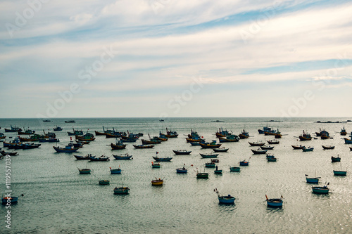 Scenic view of Many boats at fishing village, Phan Thiet photo