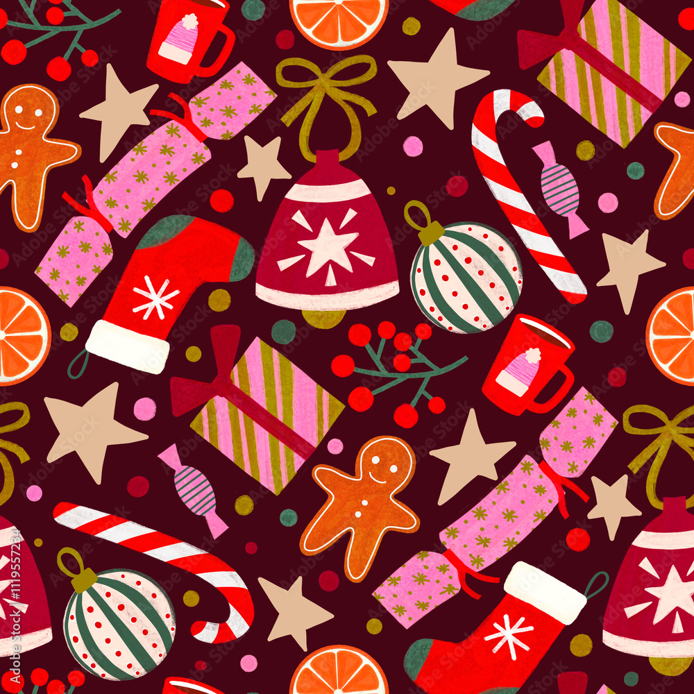 Colorfull Christmas seamless pattern. Winter festive repeated background. Christmas symbols endless print. Perfect for wrapping, textiles, packaging, scrapbooking, stationary, party supplies, calendar Colorfull Christmas seamless pattern. Winter festive repeated background. Christmas symbols endless print. Perfect for wrapping, textiles, packaging, scrapbooking, stationary, party supplies, calendar