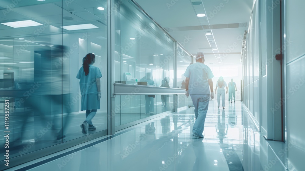 Bright hospital corridor with medical staff in scrubs walking past glass panels. Clean reflective floors and natural light create a modern healthcare environment Bright hospital corridor with medical staff in scrubs walking past glass panels. Clean reflective floors and natural light create a modern healthcare environment