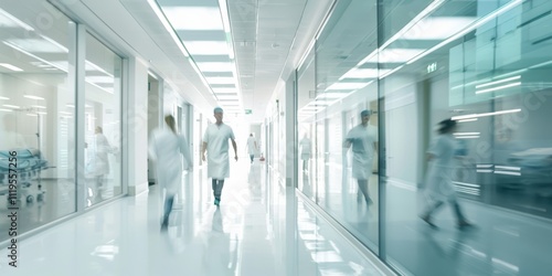 Spacious hospital corridor with reflective glass partitions and medical staff in white coats walking through. Bright lighting highlights the clean, modern interior