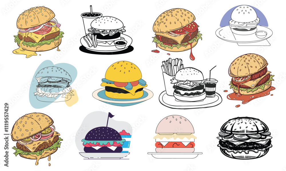 Creative Burger Illustrations with Vibrant and Minimalist Styles A collection of unique burger illustrations
Creative Burger Illustrations with Vibrant and Minimalist Styles A collection of unique burger illustrations