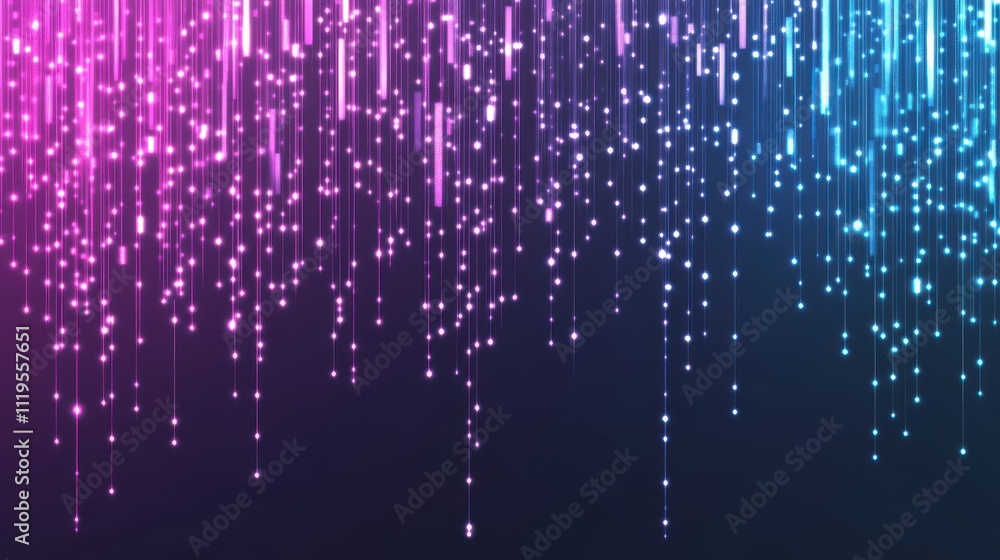Abstract vertical glowing lines of light particles, cascading downwards, in shades of pink and blue. Abstract vertical glowing lines of light particles, cascading downwards, in shades of pink and blue.