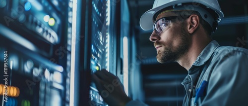 An engineer examines a server rack, highlighted by ambient blue lighting, symbolizing technological expertise and infrastructure.